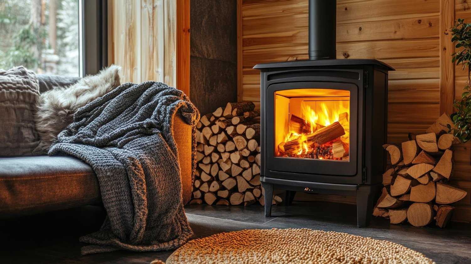 Intérieur confortable de la cabane d'hiver avec cheminée.