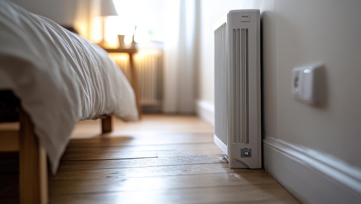 Intérieur confortable d'une chambre à coucher avec un radiateur moderne et un sol en bois